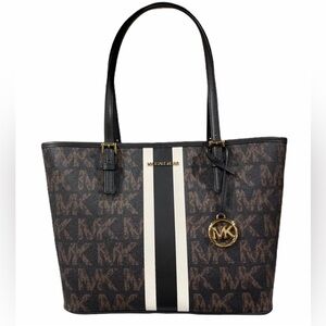 Michael Kors Jet Set Travel Medium Carryall Tote Graphic Mk Black Brown Stripe